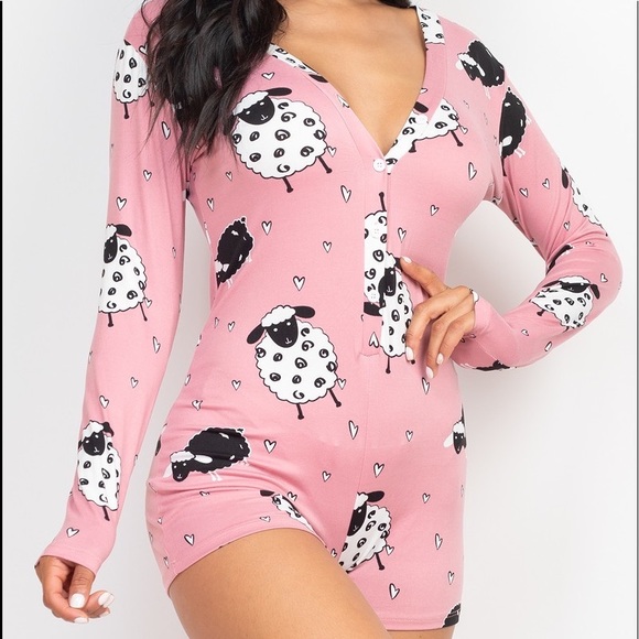 Sheep Print V-neck Button Romper - Picture 3 of 5